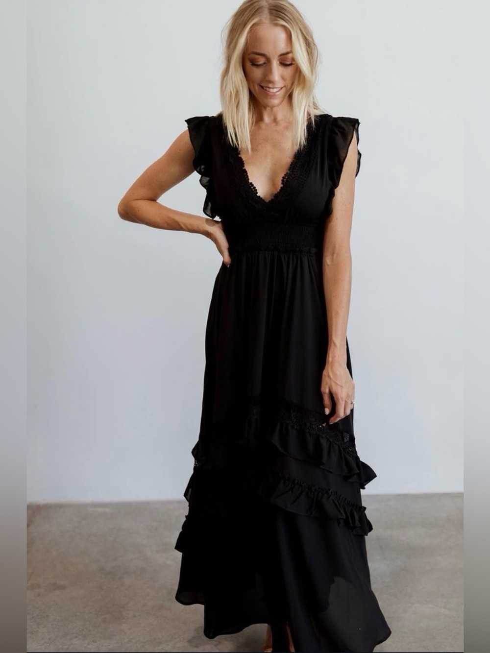 Baltic Born Jasmine Ruffle Maxi Dress Black Lace Trim Smocked Flutter Sleeve M - Picture 2 of 16